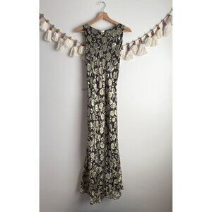 Vintage Tessuto Y2k Silk Velvet Floral Green Maxi Dress Whimsical Fairy Grunge S